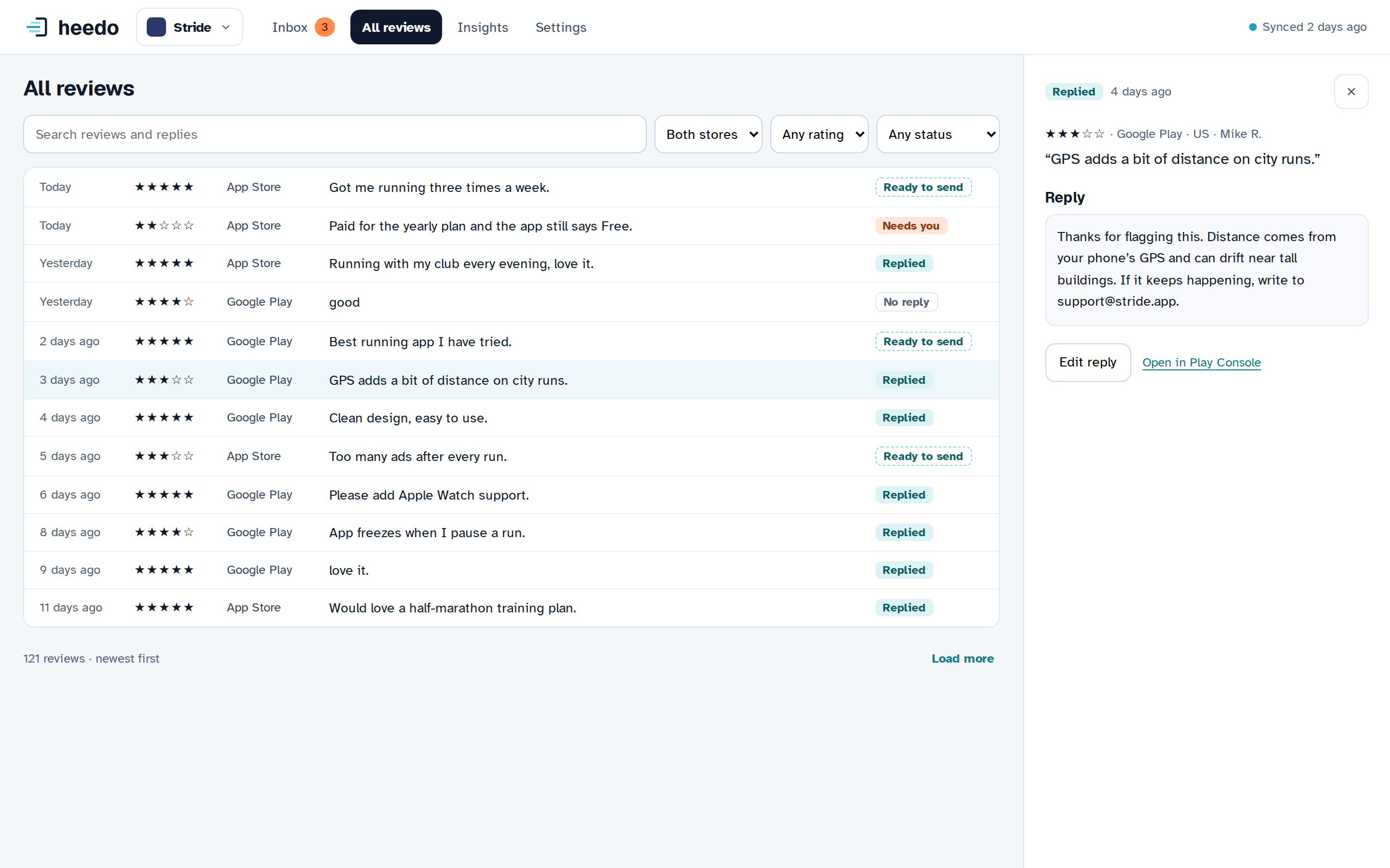 All reviews from both stores in one list, each marked Needs you, Ready to send, Replied or No reply, with one review's reply open in a side panel.